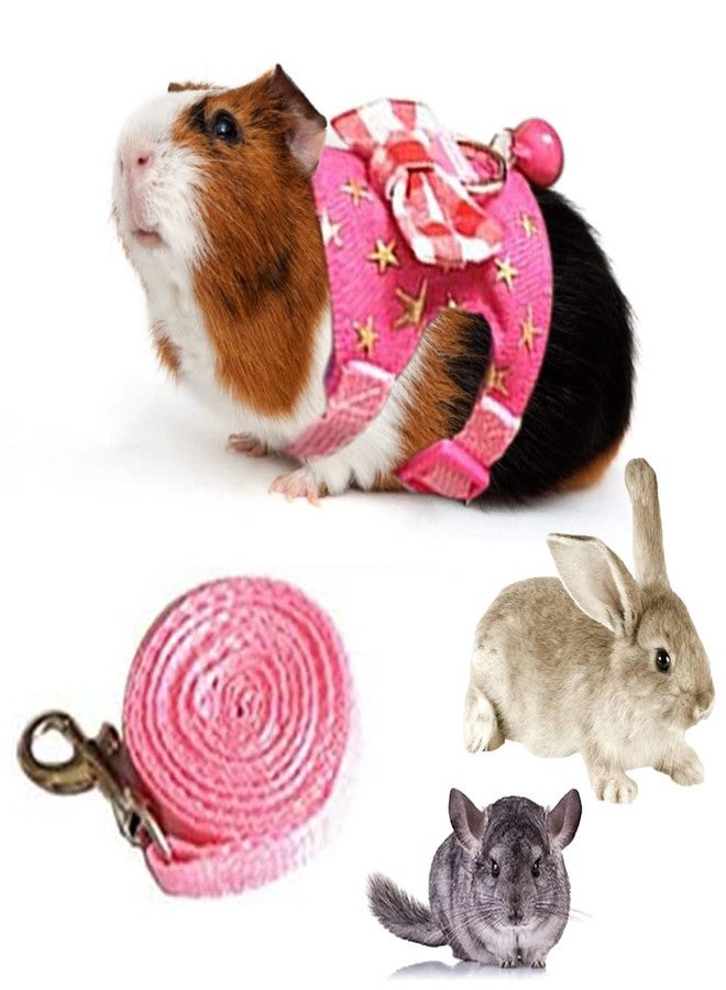 Litewoo Small Animal Collar Leash Harness with Cute Bows and Bells Comfortable Durable Adjustable Suitable for Rabbit Guinea Pig Chinchilla Ferret Kitten Hamster Squirrel (Small,Pink Star) - Image 1